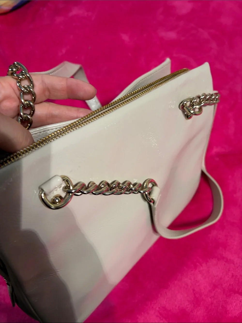 Patent Cream Shoulder Bag with Chain-Trim Straps